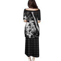 Hawaii Ukulele Family Matching Puletasi and Hawaiian Shirt Tropical Flowers With Palaka Effect Black Version - Polynesian Pride