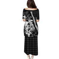 Hawaii Ukulele Family Matching Puletasi and Hawaiian Shirt Tropical Flowers With Palaka Effect Black Version LT05 - Polynesian Pride