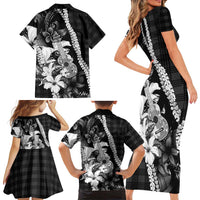 Hawaii Ukulele Family Matching Short Sleeve Bodycon Dress and Hawaiian Shirt Tropical Flowers With Palaka Effect Black Version - Polynesian Pride