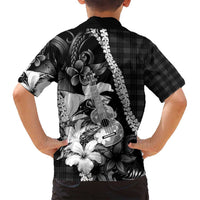 Hawaii Ukulele Family Matching Summer Maxi Dress and Hawaiian Shirt Tropical Flowers With Palaka Effect Black Version - Polynesian Pride