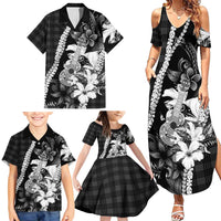 Hawaii Ukulele Family Matching Summer Maxi Dress and Hawaiian Shirt Tropical Flowers With Palaka Effect Black Version LT05 - Polynesian Pride