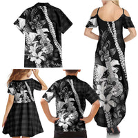 Hawaii Ukulele Family Matching Summer Maxi Dress and Hawaiian Shirt Tropical Flowers With Palaka Effect Black Version LT05 - Polynesian Pride