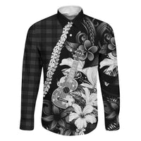 Hawaii Ukulele Family Matching Summer Maxi Dress and Hawaiian Shirt Tropical Flowers With Palaka Effect Black Version LT05 Dad's Shirt - Long Sleeve Black - Polynesian Pride
