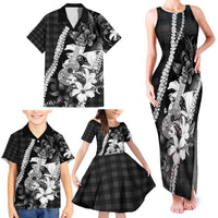 Hawaii Ukulele Family Matching Tank Maxi Dress and Hawaiian Shirt Tropical Flowers With Palaka Effect Black Version - Polynesian Pride