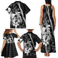 Hawaii Ukulele Family Matching Tank Maxi Dress and Hawaiian Shirt Tropical Flowers With Palaka Effect Black Version LT05 - Polynesian Pride