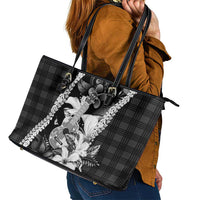 Hawaii Ukulele Leather Tote Bag Tropical Flowers With Palaka Effect Black Version - Polynesian Pride