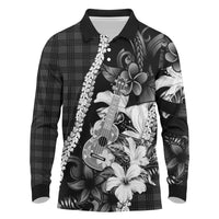 Hawaii Ukulele Long Sleeve Polo Shirt Tropical Flowers With Palaka Effect Black Version - Polynesian Pride