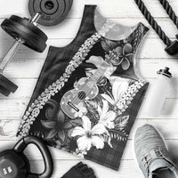 Hawaii Ukulele Men Tank Top Tropical Flowers With Palaka Effect Black Version - Polynesian Pride