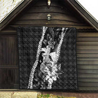 Hawaii Ukulele Quilt Tropical Flowers With Palaka Effect Black Version - Polynesian Pride