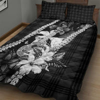 Hawaii Ukulele Quilt Bed Set Tropical Flowers With Palaka Effect Black Version - Polynesian Pride