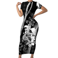 Hawaii Ukulele Short Sleeve Bodycon Dress Tropical Flowers With Palaka Effect Black Version - Polynesian Pride