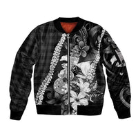 Hawaii Ukulele Sleeve Zip Bomber Jacket Tropical Flowers With Palaka Effect Black Version - Polynesian Pride