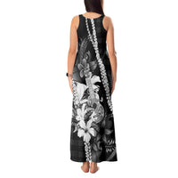 Hawaii Ukulele Tank Maxi Dress Tropical Flowers With Palaka Effect Black Version - Polynesian Pride