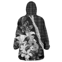 Hawaii Ukulele Wearable Blanket Hoodie Tropical Flowers With Palaka Effect Black Version - Polynesian Pride