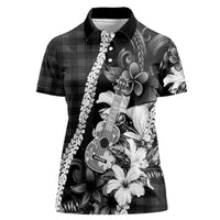 Hawaii Ukulele Women Polo Shirt Tropical Flowers With Palaka Effect Black Version - Polynesian Pride