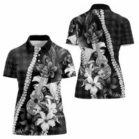 Hawaii Ukulele Women Polo Shirt Tropical Flowers With Palaka Effect Black Version - Polynesian Pride