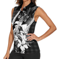 Hawaii Ukulele Women Sleeveless Polo Shirt Tropical Flowers With Palaka Effect Black Version - Polynesian Pride