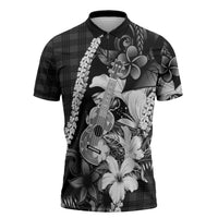 Hawaii Ukulele Zipper Polo Shirt Tropical Flowers With Palaka Effect Black Version LT05 Black - Polynesian Pride