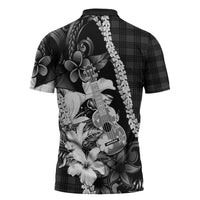 Hawaii Ukulele Zipper Polo Shirt Tropical Flowers With Palaka Effect Black Version - Polynesian Pride