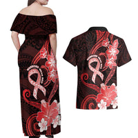 Heart Health Awareness Couples Matching Off Shoulder Maxi Dress and Hawaiian Shirt Warrior Wears Red Polynesian Style