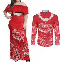 Heart Health Awareness Couples Matching Off Shoulder Maxi Dress and Long Sleeve Button Shirt Polynesian Red Ribbon