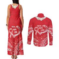 Heart Health Awareness Couples Matching Tank Maxi Dress and Long Sleeve Button Shirt Polynesian Red Ribbon