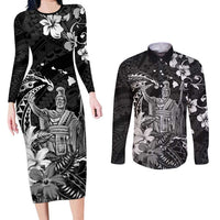 Hawaii King Kamehameha Day Couples Matching Long Sleeve Bodycon Dress and Long Sleeve Button Shirt Polynesian Pattern Mix Hibiscus Black LT05 Black - Polynesian Pride