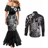 Hawaii King Kamehameha Day Couples Matching Mermaid Dress and Long Sleeve Button Shirt Polynesian Pattern Mix Hibiscus Black LT05 - Polynesian Pride