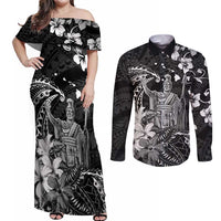 Hawaii King Kamehameha Day Couples Matching Off Shoulder Maxi Dress and Long Sleeve Button Shirt Polynesian Pattern Mix Hibiscus Black LT05 Black - Polynesian Pride
