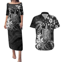Hawaii King Kamehameha Day Couples Matching Puletasi and Hawaiian Shirt Polynesian Pattern Mix Hibiscus Black