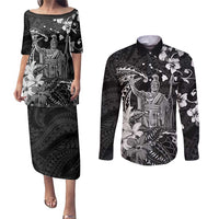 Hawaii King Kamehameha Day Couples Matching Puletasi and Long Sleeve Button Shirt Polynesian Pattern Mix Hibiscus Black