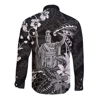 Hawaii King Kamehameha Day Long Sleeve Button Shirt Polynesian Pattern Mix Hibiscus Black LT05 - Polynesian Pride