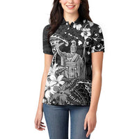 Hawaii King Kamehameha Day Women Polo Shirt Polynesian Pattern Mix Hibiscus Black