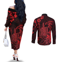 Hawaii King Kamehameha Day Couples Matching Off The Shoulder Long Sleeve Dress and Long Sleeve Button Shirt Polynesian Pattern Mix Hibiscus Red LT05 - Polynesian Pride