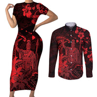 Hawaii King Kamehameha Day Couples Matching Short Sleeve Bodycon Dress and Long Sleeve Button Shirt Polynesian Pattern Mix Hibiscus Red LT05 Red - Polynesian Pride