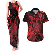 Hawaii King Kamehameha Day Couples Matching Tank Maxi Dress and Hawaiian Shirt Polynesian Pattern Mix Hibiscus Red LT05 Red - Polynesian Pride