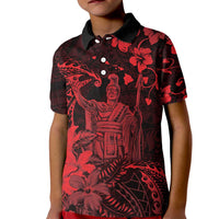 Hawaii King Kamehameha Day Kid Polo Shirt Polynesian Pattern Mix Hibiscus Red