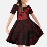 Hawaii King Kamehameha Day Kid Short Sleeve Dress Polynesian Pattern Mix Hibiscus Red LT05 KID Red - Polynesian Pride