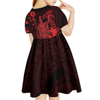 Hawaii King Kamehameha Day Kid Short Sleeve Dress Polynesian Pattern Mix Hibiscus Red LT05 - Polynesian Pride