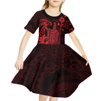 Hawaii King Kamehameha Day Kid Short Sleeve Dress Polynesian Pattern Mix Hibiscus Red LT05 - Polynesian Pride