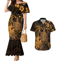Hawaii King Kamehameha Day Couples Matching Mermaid Dress and Hawaiian Shirt Polynesian Pattern Mix Hibiscus Gold LT05 Gold - Polynesian Pride