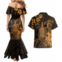 Hawaii King Kamehameha Day Couples Matching Mermaid Dress and Hawaiian Shirt Polynesian Pattern Mix Hibiscus Gold LT05 - Polynesian Pride