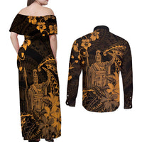 Hawaii King Kamehameha Day Couples Matching Off Shoulder Maxi Dress and Long Sleeve Button Shirt Polynesian Pattern Mix Hibiscus Gold LT05 - Polynesian Pride