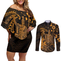 Hawaii King Kamehameha Day Couples Matching Off Shoulder Short Dress and Long Sleeve Button Shirt Polynesian Pattern Mix Hibiscus Gold LT05 Gold - Polynesian Pride