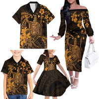 Hawaii King Kamehameha Day Family Matching Off The Shoulder Long Sleeve Dress and Hawaiian Shirt Polynesian Pattern Mix Hibiscus Gold