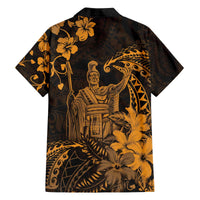 Hawaii King Kamehameha Day Family Matching Off The Shoulder Long Sleeve Dress and Hawaiian Shirt Polynesian Pattern Mix Hibiscus Gold