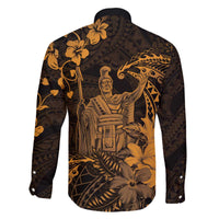 Hawaii King Kamehameha Day Family Matching Off The Shoulder Long Sleeve Dress and Hawaiian Shirt Polynesian Pattern Mix Hibiscus Gold