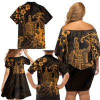 Hawaii King Kamehameha Day Family Matching Off Shoulder Short Dress and Hawaiian Shirt Polynesian Pattern Mix Hibiscus Gold