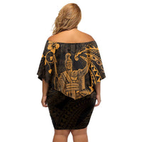 Hawaii King Kamehameha Day Family Matching Off Shoulder Short Dress and Hawaiian Shirt Polynesian Pattern Mix Hibiscus Gold