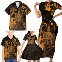Hawaii King Kamehameha Day Family Matching Short Sleeve Bodycon Dress and Hawaiian Shirt Polynesian Pattern Mix Hibiscus Gold LT05 - Polynesian Pride